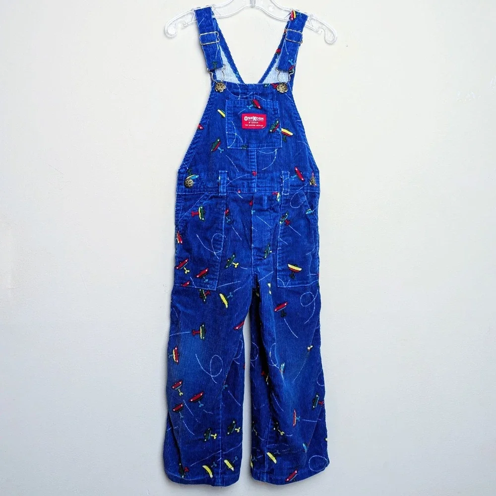 Vintage Osh Kosh B'Gosh Corduroy Airplanes 80s Union Made USA Bib Overalls 4T